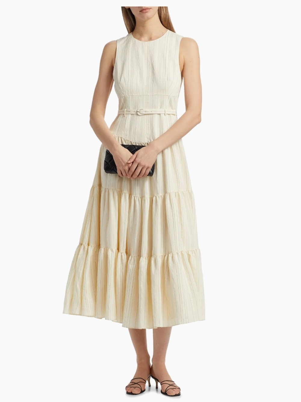 🥐 Cinq à Sept
Lucir Striped Belted Sleeveless Midi Dress Tiered in Cream